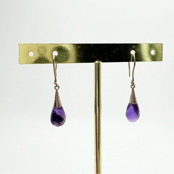 Tear Drop Shaped Amethyst Silver Tone Gemstone Long Earrings - Picture 3 of 5